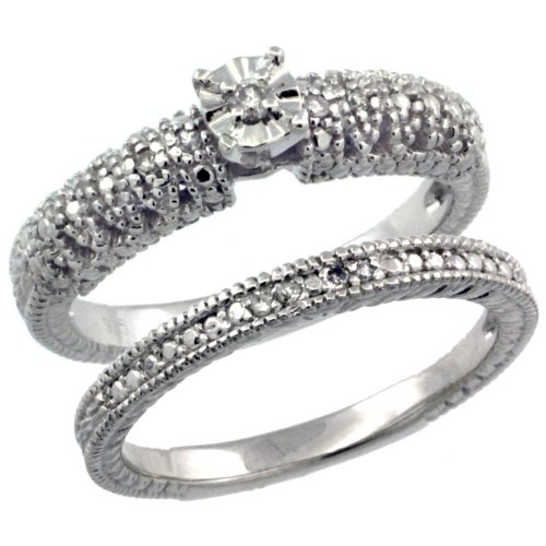 Cheap Sterling Silver Vintage Style 2-Pc. 9-Stone Diamond Engagement Ring Set w/ .097 Carat Brilliant Cut Diamonds (Available in Sizes 5 to 10), size 9