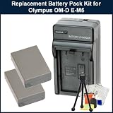 Replacement Battery Kit for Olympus OM-D E-M5 Digital Camera. Package Includes:2 Replacement BLN-1 Battery Packs, Rapid Travel Charger, Table Top Tripod, LCD Screen Protectors & Cleaning Kit.