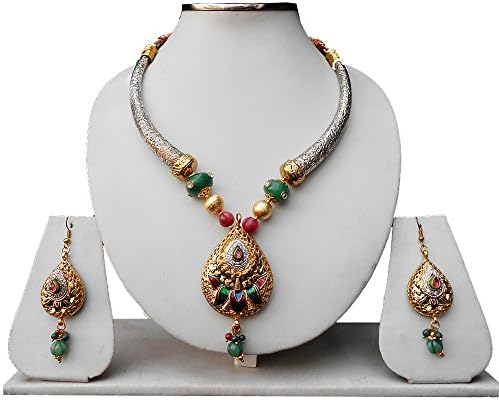 Stone & Bead Work Necklace Set with Gold & Silver Finish