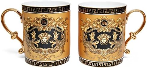 Amazing Porcelain Set of 2 Gold Black Amber Coffee Cups Tea Mugs 13 Oz, Greek Pattern Medusa Design Gold-plated Ornament