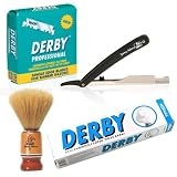 SF227-Shaving Factory Straight Razor (Black), Shaving Factory Hand Made Shaving Brush, 100 Derby Professional Single Edge Razor Blades and Derby Shaving Cream (Normal Scent). Great Gift Set For Men.