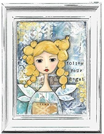 Angel art print - Mixed media - handmade - angel girl - follow your angel - quote - girls room, teenager, tween, blue and yellow