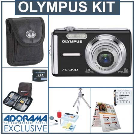 Olympus FE-340 Digital Black Camera Kit, with 2 GB xD Picture Memory Card, Camera Bag, Table Top Tripod, EZ Digital Photography Guide Card Spare LI- 42B Lithium-Ion Rechargeable Battery, Slinger Digital Memory Case(4), Professional Lens Cleaning Kit