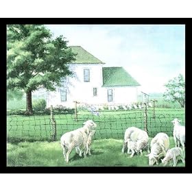 Spring Sheep Laundry On Line Black Wood-Mounted Art Poster Print - 20