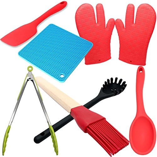 Silicone Cooking Utensils Set - Silicone Kitchen Spatula, Silicone Hot Pads For Cooking, Silicone Cooking Gloves, Silicone Kitchen Tongs, Silicone Spoon Heat Resistant, Silicone Cooking Brush &amp; Silicone Pasta Fork
