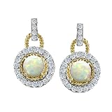 1.50 cttw 925 Two Tone Sterling Silver and Genuine Round Opal Earrings