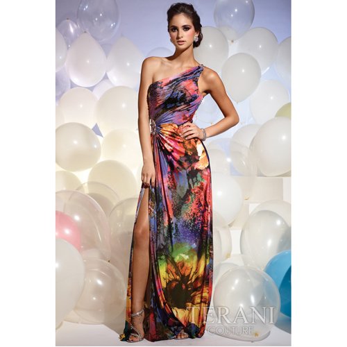 Terani Couture Junior Girl Size 2-16 Colorful Print Jersey Formal Gown