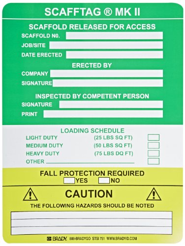 BradySCAF-STSI751 5-3/4" Height, 7-5/8" Width, Vinyl, Green Color Scafftag II Inspection Inserts (Pack Of 100)