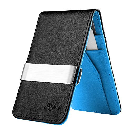 Zodaca Horizontal Genuine Leather Money Clip Wallet, Black/ Blue