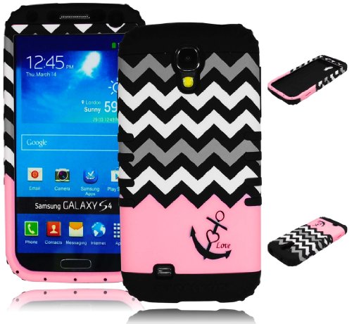 Galaxy S4 Case, Bastex Heavy Duty Hybrid Soft Baby Pink Silicone Cover Chevron Pink Love Anchor Design Hard Case for Samsung Galaxy S4 i9500