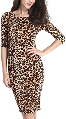 Romanse Women's Hot Sexy Leopard Print 3/4 Sleeve Midi Pencil Bodycon Dress