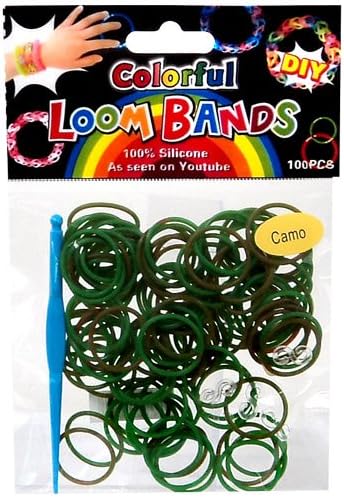 D.I.Y. Do it Yourself Bracelet Bands 100 GREEN & BROWN CAMO Rubber Bands with Hook Tool & Clips