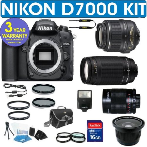 Nikon D7000 Digital Camera + Nikon 18-55mm VR Lens + Nikon 70-300mm Lens + .40x Wide Angle Fisheye Lens + 500mm Mirror Lens+ 3 Year Celltime Warranty