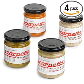 Scarpetta Spreads & Dips Variety Pack (Red Pepper & Eggplant, Artichoke & Olive, Olive & Almond, Asparagus), 6.3-Ounce Glass Jars (Pack of 4)