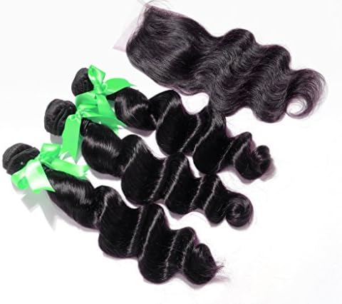Danolsmann Hair Extensions Top Quality 100% Raw Virgin Peruvian Human Hair Loose Wave Hair 3pcs + 1 Pcs Lace Closure (4*4) Natural Color (22"24"26" Hair Weft+12" Lace Closure)