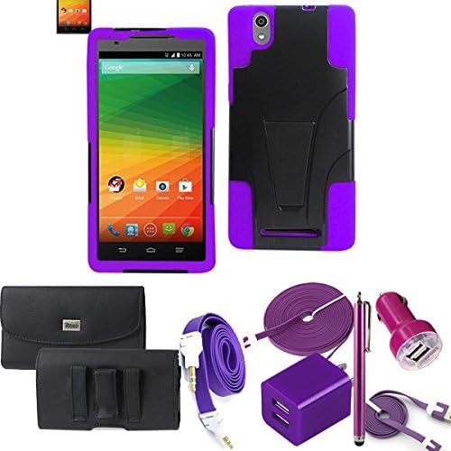 Purple Rugged Hybrid Kickstand Case for ZTE Zmax Z970. Hard Shell with Kickstand on the outside, Silicone Gel with bumpers on the inside and corners. Comes with Dual USB Car Charger, Dual USB 2.1 amp House Charger, 3ft Cable, 10ft Extra Long USB Cable, AUX Cord, Stylus Pen and Leather Horizontal Carry Case that Fits your Phone with the Cover on it.