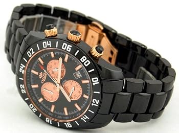 Oniss #ON619-M19 Men's Ceramica Proteccion Black Ceramic Sports Chronograph Watch (Rose Gold Sub Dials)