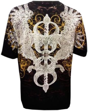 Eagle and Sword Metallic Silver Embossed Graphic Mens T-Shirt Black 2XL