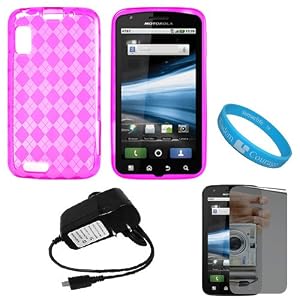 Pink Argyle Premium Thermoplastic Polyurethane Protective TPU Silicone Skin Cover Case for AT&T New Motorola Atrix 4G Dual Core Android Smart Phone MB860 (Olympus/Atrix 4G) + Mirror Screen Protector + Black Rapid Travel Wall Charger with IC Chip + SumacLife TM Wisdom Courage Wristband