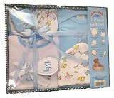 Baby 7 Piece Bath Gift Set – Includes 1 Embroidered Creeper, 1 Printed Bib, 1 Printed Cap, Infant Mittens, 2 Washcloths, & a Brush and Comb (Blue)