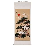 Handmade Crane & Pine Scroll Wall Art Painting