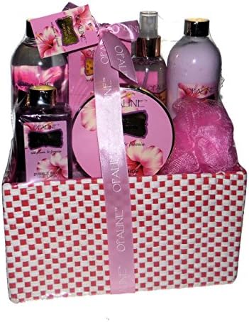 Red Plum and Freesia Pure Perfection Premium Bath Spa Gift Set, Shower Gel, Body Lotion, Body Essence, Bubble Bath, Body Scrub, Bath Salt, Bath Puff in a Straw Gift Basket