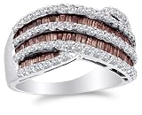 14K White Gold Large White and Chocolate Brown Diamond Cross Over Wedding , Anniversary OR Fashion Right Hand Ring Band - w/ Channel Invisible Set Round & Baguette Diamonds - (1.52 cttw)