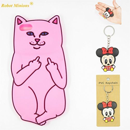 Apple iPhone 5 5S 5C SE 5G 5SE Flexible Soft Silicone Gel Rubber Case,Robot Minions Hot Pink Middle Finger Despise Cat Gel Rubber Skin Case Cover for Apple iPhone 5 5S 5C SE 5G 5SE +Cartoon Key Chain