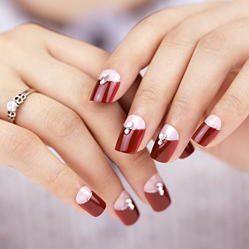Bling art false nails french manicure red crystal full cover medi…