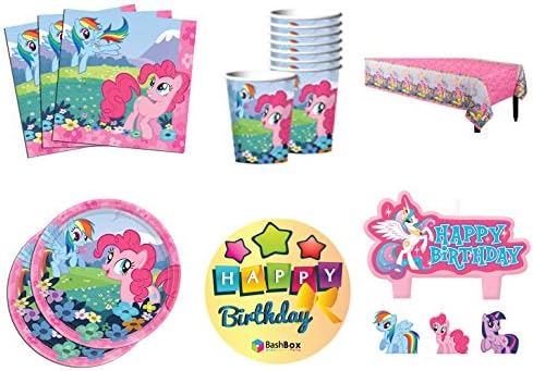 BashBox Deluxe My Little Pony Birthday Party Supplies Pack Including Plates, Cups, Napkins, Table Cover, and Candles for 8 Guests