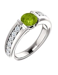 18K White Gold 6.00mm Round Cut Peridot and Diamond Ring -- LIFETIME WARRANTY