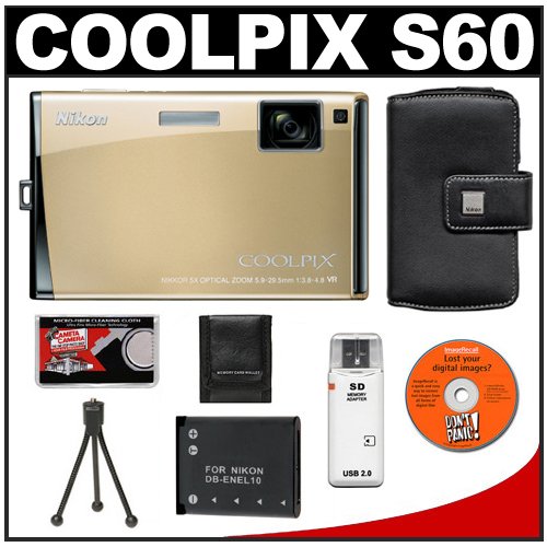 Nikon Coolpix S60 10 Megapixel Digital Camera (Platinum Bronze) with 5x Optical Zoom + EN-EL10 Battery + Leather Case + Accessory Kit