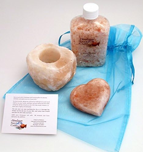 Himalayan Salt Cart Himalayan Salt Spa Package of 1 LB Himalayan Pink Bath Salts, Himalayan Salt Heart-shaped Purifying/Massage Stone and Himalayan Salt Candle Holder in a Decorator Bag