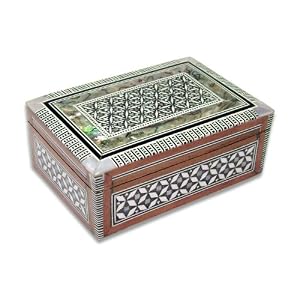 Click here to buy Large Handcrafted Mother of Pearl Inlaid Rectangular Wooden Egyptian Jewelry Box.