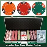 500 Casino Grade 3 Tone Crown and Dice 14 gram Poker Chips w/ Timer Dealer Button. Premium Composite Clay Poker Chips, Includes Aluminum Case.