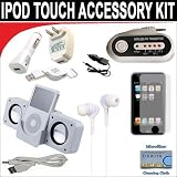 10 pc. Accessory kit for iPod Touch 7/16/32GB. Includes White portable stereo speaker w/cable 3-in-1 iPod charging kit (1000mAH) Car FM Transmitter w/power cable White Mini soft Earbuds Reusable Pre-Cut Screen Protector and a DBROTH Microfiber Cleaning Cloth