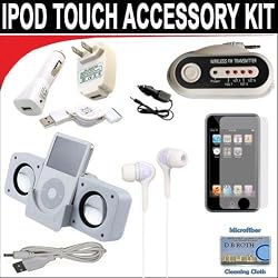 10 pc. Accessory kit for iPod Touch 7/16/32GB. Includes White portable stereo speaker w/cable 3-in-1 iPod charging kit (1000mAH) Car FM Transmitter w/power cable White Mini soft Earbuds Reusable Pre-Cut Screen Protector and a DBROTH Microfiber Cleaning Cloth