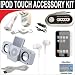 10 pc. Accessory kit for iPod Touch 7/16/32GB. Includes White portable stereo speaker w/cable 3-in-1 iPod charging kit (1000mAH) Car FM Transmitter w/power cable White Mini soft Earbuds Reusable Pre-Cut Screen Protector and a DBROTH Microfiber Cleaning Cloth