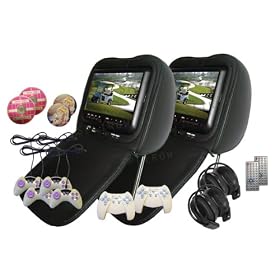 New Black Color Pair Headrest With 9" LCD Car Monitors with Region Free Sony DVD player USB SD Inc. 2 Wireless Dual Channel Headphones and 32 Bit Game and 2 Wireless game controllers and Rca Input and Rca Output