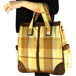 Tartan Plaid Large Big Handbag Tote Shoulder Bag Beige with Multi-Colors