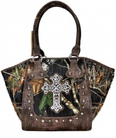 Mossy Oak® Camo Western Cross Rhinestone Stud 2 Way Oversized Satchel Coffee AH22