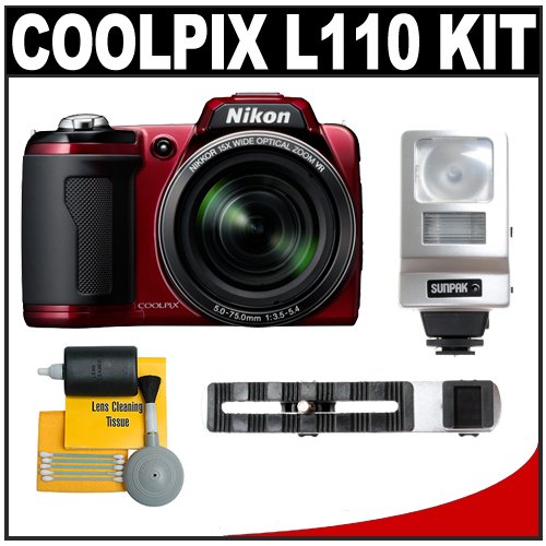 Nikon Coolpix L110 12.1 Megapixel Digital Camera with 15x Optical Zoom (Red) with + Flash + Cleaning Kit