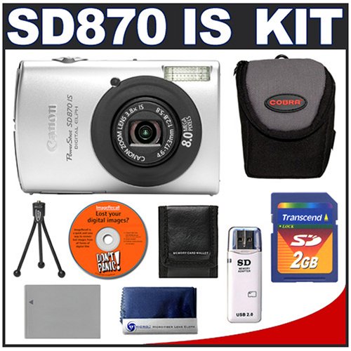 Canon PowerShot SD870 IS Digital ELPH 8.0 Megapixel Camera + Transcend 2GB SecureDigital (SD) Card + High Speed USB 2.0 SecureDigital (SD) Card Reader + Spare NB 5L Battery for Canon + Padded Carrying Case