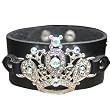 Jeweled Crown Cubic Zirconia Rivet Black PU Leather Wristband Snap Bracelet