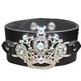 Jeweled Crown Cubic Zirconia Rivet Black PU Leather Wristband Snap Bracelet