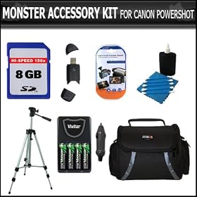 8GB Accessory Kit For CANON POWERSHOT SX20 IS SX20 SX1 IS SX130IS SX130 IS SX150IS SX150 IS Camera Includes 8GB Secure Digital High Capacity (SDHC) Card + Carrying Case + AA Battery &amp; Charger Set + Card Reader + LCD Screen Protectors + 50" Tripod + More: Camera &amp; Photo