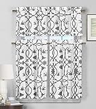 3 Piece Semi Sheer Window Curtain Set: Botanical Design, 2 Tiers, 1 Valance (Gray and White)