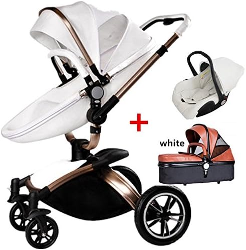 Leather, 3 in 1(Standard Stroller+Separate Sleeping Basket+Safety Car Seat), High-quality, Suspension, High-view, Detachable, Washable, Portable and Folding Baby Stroller to Sit or Lie down (white)