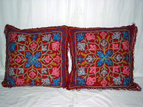 2 Dark Red Kashmir Floral Cotton Embroidered Decorative Accent Pillows Case 16"