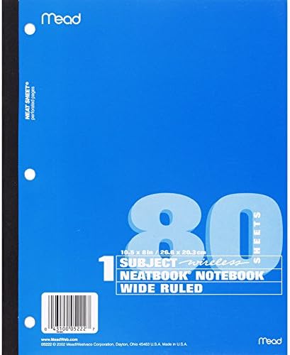 Neatbook 1sub W/R 8x10.5 Size 80ct Mead Neatbook One Subject Wide Ruled Notebook